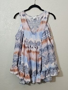 CocoBleu Flowy Boho Tank Top Blue/Terracotta Womens Medium Oversized